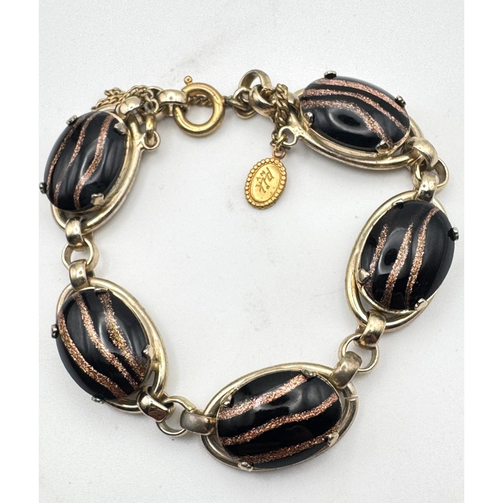 Vintage PIK NY Bracelet Black Fluss Swirl Venetian Glass